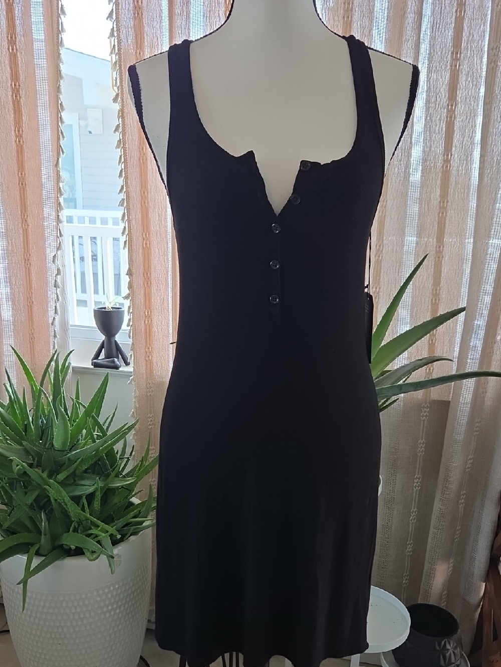 Michael Lauren Black Ribbed Button-Front Slip Dress